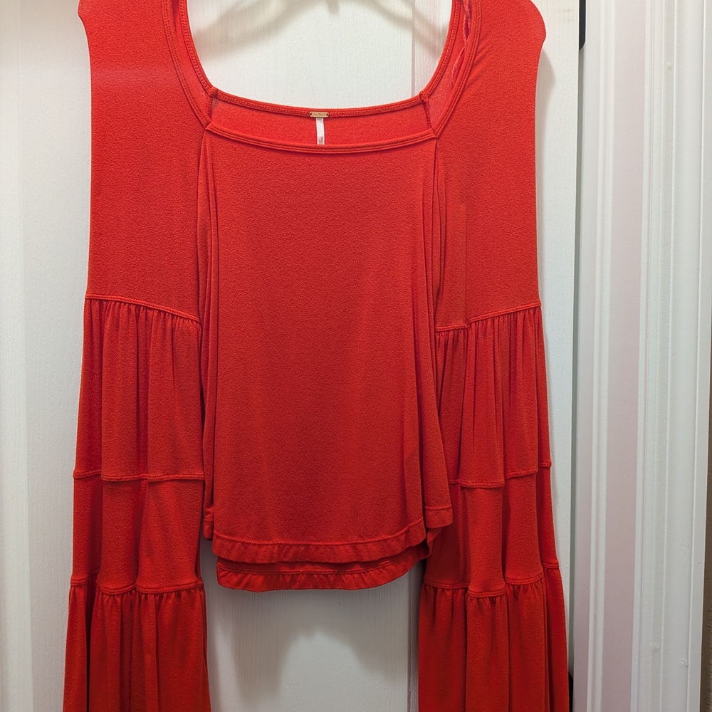 Free People Women's Bright Red Tiered Bell-Sleeve Tunic